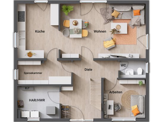 Erdgeschoss des Flair 134 mit Antritt aus der Geschossmitte und großzügiger Garderobe.